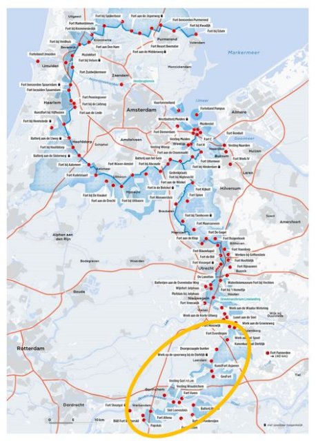 De Hollandse Waterlinie en het deel dat Waterschap Rivierenland beheert.